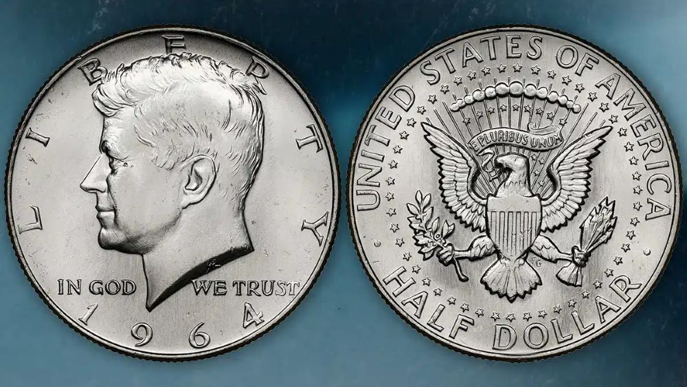 1964 Kennedy Half Dollar obverse showing JFK portrait and reverse showing Presidential Seal — the only 90% silver Kennedy half dollar struck for circulation