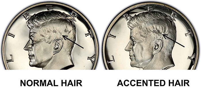Side-by-side comparison of 1964 Kennedy Half Dollar proofs: left shows Normal Hair variety, right shows Accented Hair with deeply incised hair strands above ear and truncated I in LIBERTY