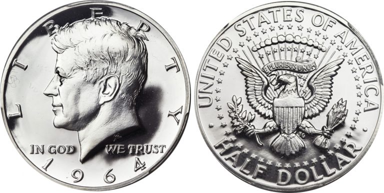 1964 Kennedy Half Dollar Accented Hair proof showing deeply defined hair strands above ear and truncated lower serif on I in LIBERTY — the FS-401 variety worth up to $46,800