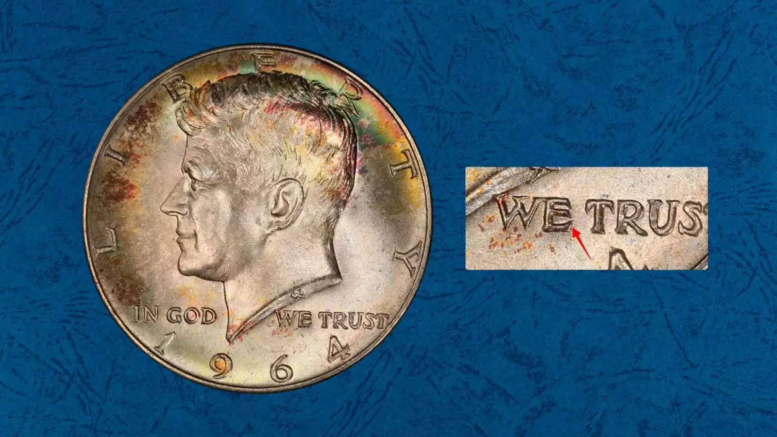 1964-D Kennedy Half Dollar showing doubled die obverse or repunched mint mark under 10x magnification — Denver 1964 issues are particularly rich in die varieties