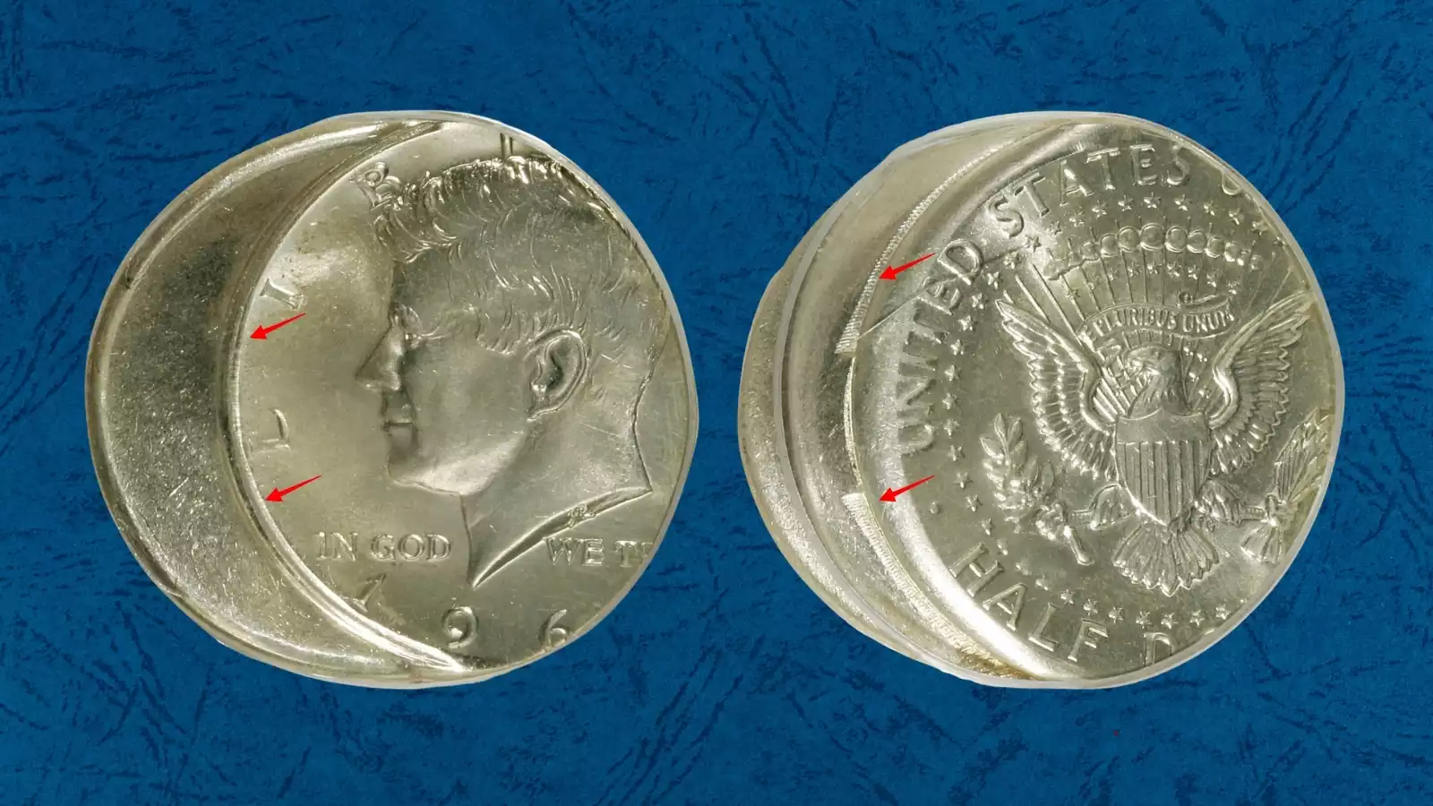 1964 Kennedy Half Dollar off-center strike error showing design shifted with blank metallic crescent visible and date 1964 legible — a 90% silver error coin worth $250–$2,000+
