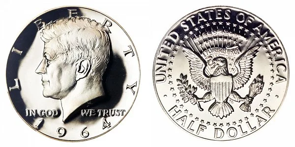 Group of 1964 Kennedy Half Dollars showing different issue types: Philadelphia business strike, Denver D mint, Philadelphia proof, and Accented Hair proof — representing all four main 1964 varieties