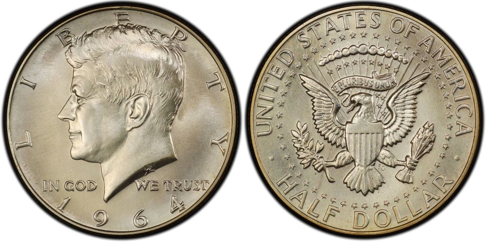 1964 Kennedy Half Dollar grading strip showing four condition levels: worn G, lightly circulated AU, uncirculated MS63, and gem MS65 for visual comparison